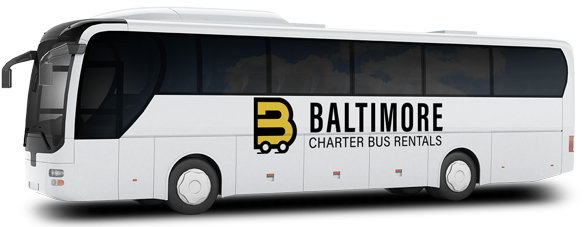 a plain white charter bus with a baltimore charter bus rentals logo on it