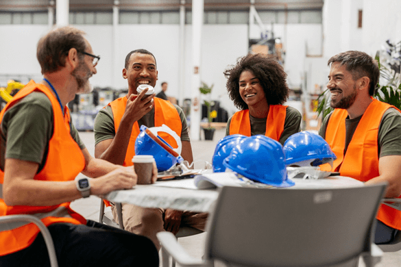four construction workers eating together